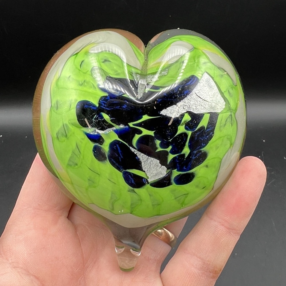 Artist Signed Blue Green Heart Shaped Art Glass Paperweight Seattle Seahawks - Picture 2 of 9